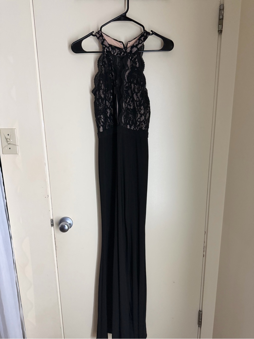 Streetwear Society Black Lace Halter Gown with Blush Lining